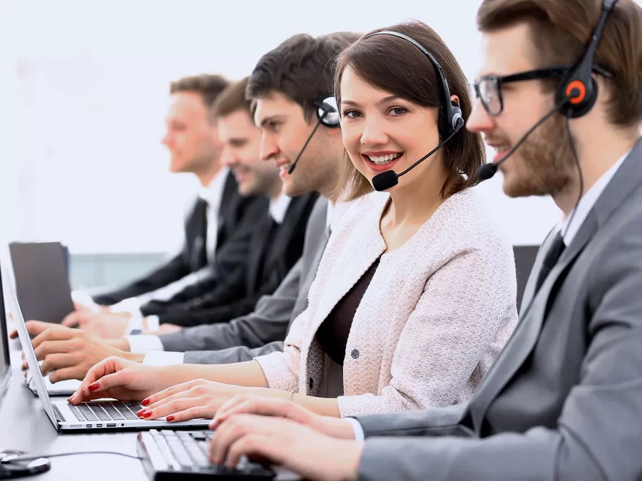 busy call center agents taking calls