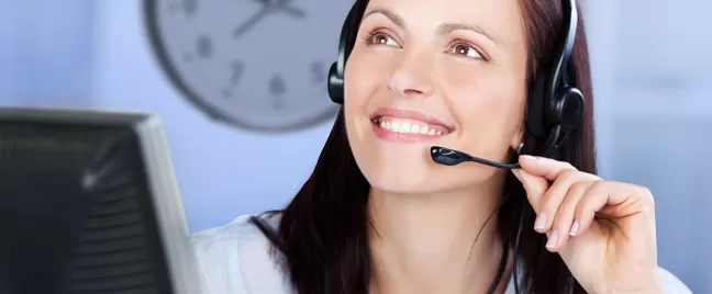 smiling-female-customer-service-agent-wall-clock-background