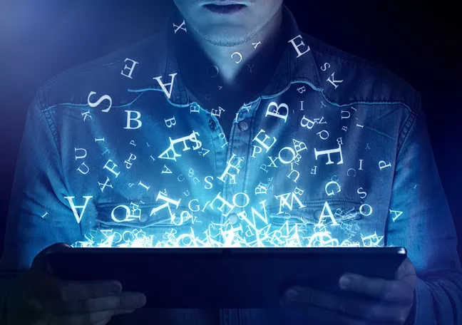 man-in-blue-reading-email-from-tablet-flying-letters