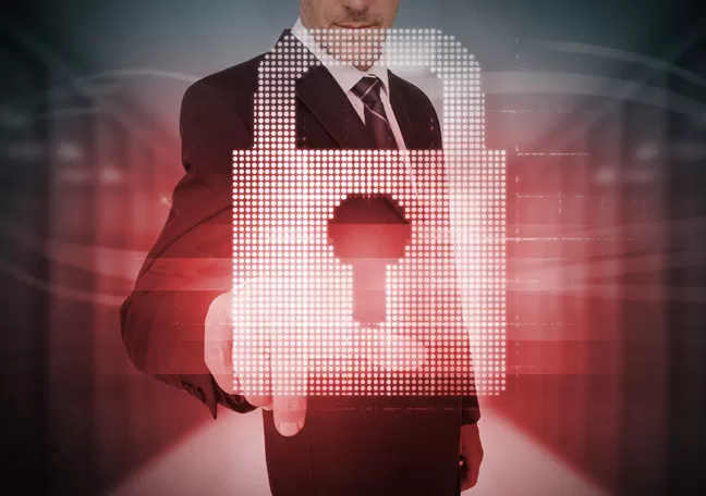 businessman-IT-professional-using-virtual-interface-with-padlock-logo-data-security