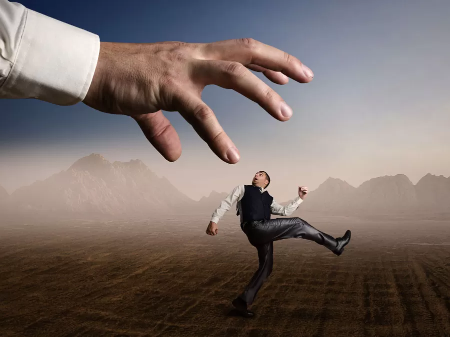 social media marketing depiction giant man terrified man