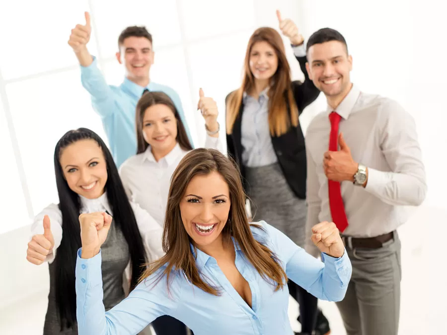 excited happy call center agents giving thumbs up