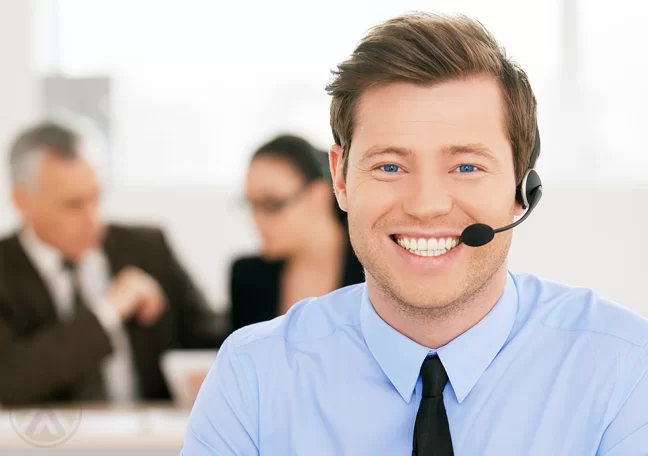 smiling male customer service agent client in the back