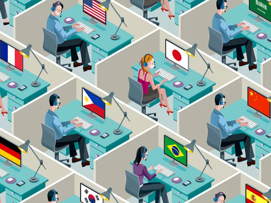 crowded ecommerce office cubicles with multilingual employees and country flags