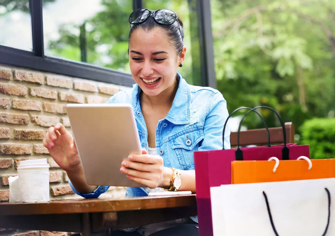 customer loyalty depiction woman shopping online ecommerce store in coffee shop