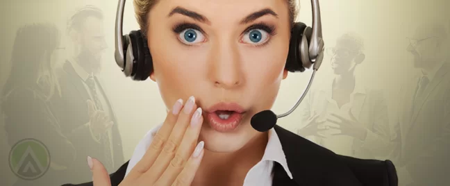 surprised call center agent with diverse-bosses talking in bell