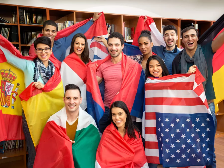 diverse young people with international flags