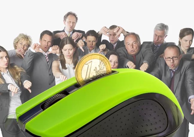 giant computer mouse with coin annoyed thumbs down businesspeople