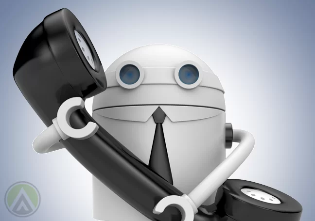 white robot holding a landline telephone receiver