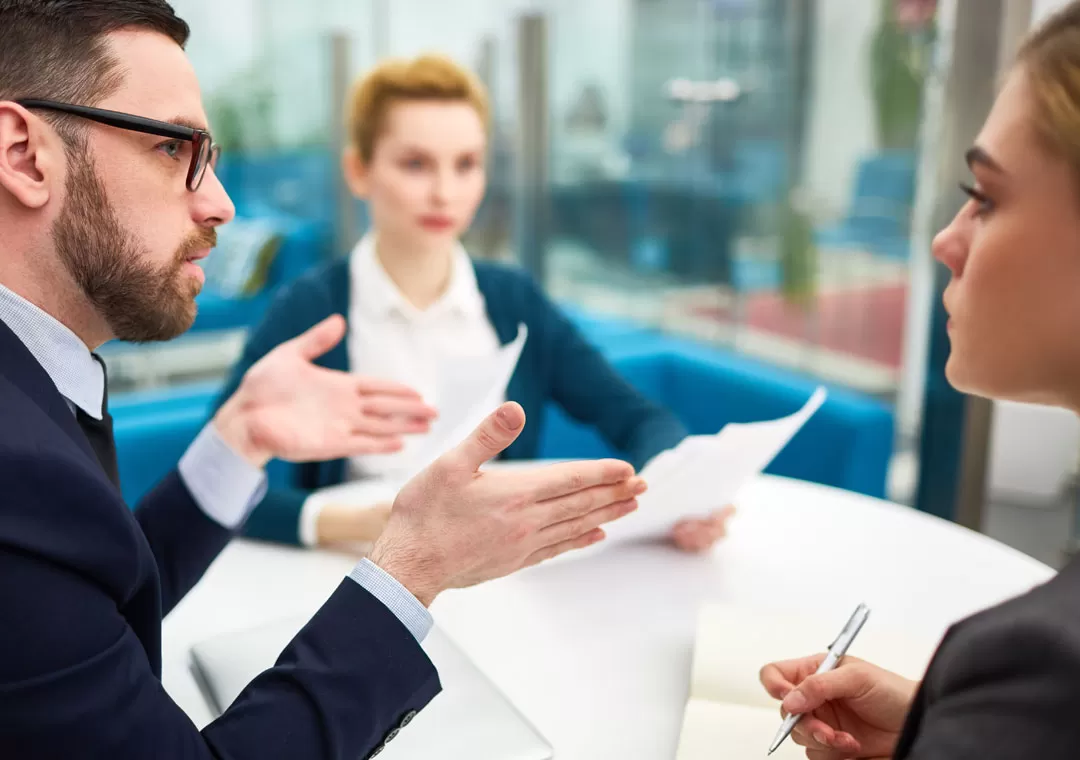 customer service employees team leader discussing with human resources hr