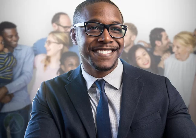 businessman smiling brightly with group people in back