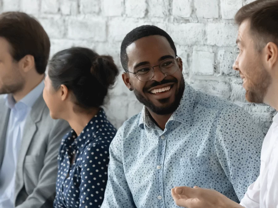 diverse contact center agents chatting